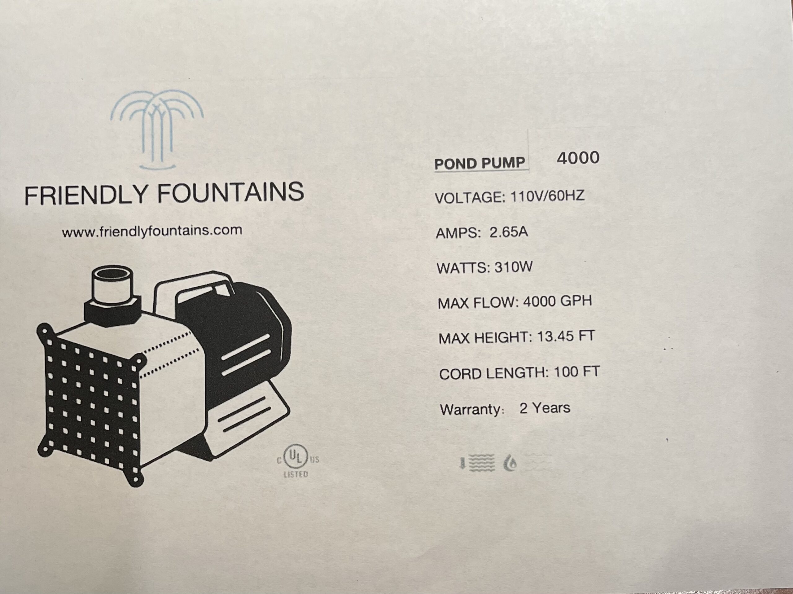 Pond Fountain Pump 1/3 Horsepower/4000 GPH 120v with 100' Electrical Cord - Image 2