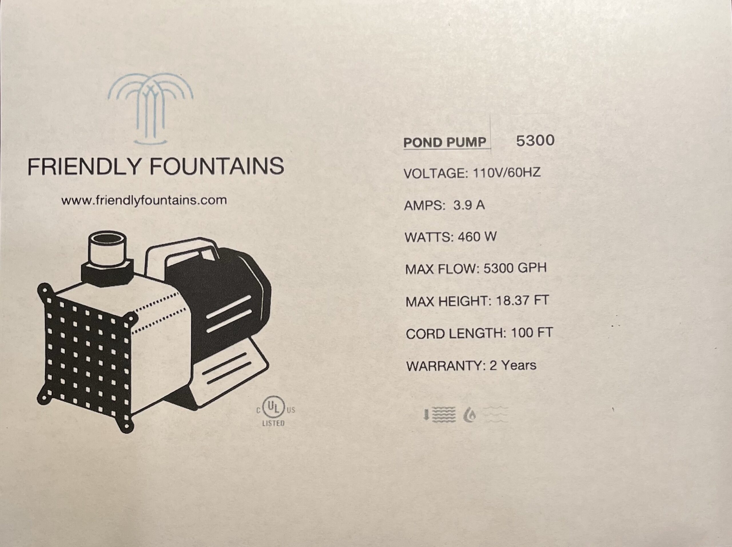 Pond Fountain Pump 1/2 Horsepower/5300 GPHm120v with 100' Electrical Cord - Image 2