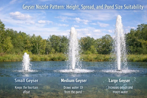 geyser nozzle pattern height spread and pond size suitability